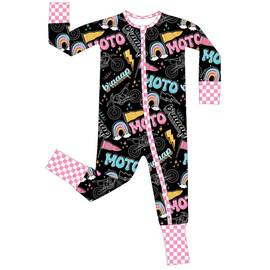 Moto Girl Zip Up Pajamas (0/3M - 18/24M) - Strictly Wild