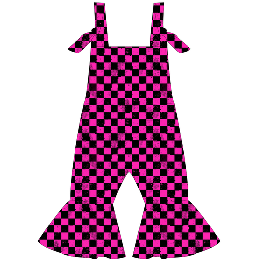 Pit Stop Pink Checkered Bell Bottom Jumpsuit / PREORDER: shipping May 15 - 25